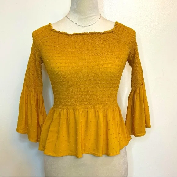 Boho Cottagecore Smocked Peplum Top Mustard Yellow Bell Sleeves Size Small - Picture 1 of 6